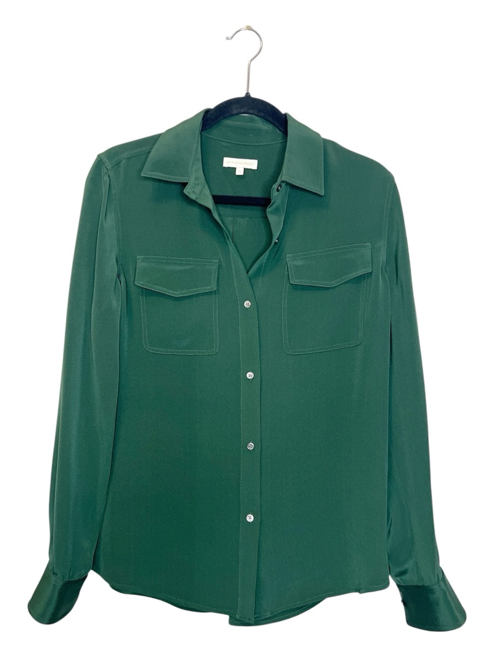 ANN MASHBURN 100% Silk Elegant Luxury Green Button Down Top size Medium